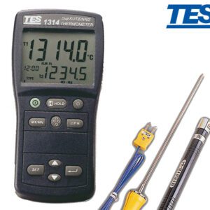 دماسنج PT100, حرارت سنج RTD , ترموزیستنس PT100 , مدل TES-1318 دماسنج PT100 تس مدل TES-1318 قابلیت پشتیبانی از استانداردهای PT385، PT3916 و PT3926 را جهت اندازه گیری دما دارد و دارای دو کانال ورودی می باشد. این ترمومتر دارای تنظیمات هشدار حد بالا و حد پایین دما است. همچنین توانایی نمایش مقادیر ماکزیمم، مینیمم و میانگین را دارد. این ترمومتر توانایی نمایش دمای اندازه گیری شده را با دو یکای سلسیوس و فارنهایت دارا است. ترمومتر PT100 تس مدل TES-1318 دارای صفحه نمایشگر با نور پس زمینه است. همچنین کاربر میتواند به وسیله کلید HOLD، اطلاعات را ثابت نگه دارد و یا میتواند انتخاب کند که اطلاعات کانال T1، کانال T2 و یا اطلاعات هردو کانال را با هم مشاهده کند. حداکثر رنج اندازه گیری دمایی در این دماسنج به وسیله استاندارد PT385 می باشد که تا 790 درجه سانتیگراد را اندازه گیری می کند.