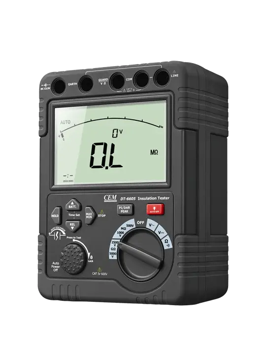 میگر دیجیتال 5000V DT-6605 از شرکت CEM Instruments یک دستگاه تست عایق (Insulation Tester) است که بهمنظور اندازهگیری مقاومت عایقی (IR)، ولتاژ، جریان و سایر پارامترهای الکتریکی در تجهیزات صنعتی، تاسیسات برقی و خطوط انتقال استفاده میشود. این دستگاه قابلیت اعمال ولتاژ آزمون تا 5000 ولت را دارد و بهطور گسترده در تعمیرات پیشگیرانه، نگهداری تجهیزات الکتریکی و بازرسی ایمنی کاربرد دارد. ✅ ویژگیهای کلیدی میگر دیجیتال 5000V ویژگی مشخصات 🔹 مدل DT-6605 🔹 نوع دستگاه مگر دیجیتال / تست کننده عایق 🔹 ولتاژ آزمون 50 V ~ 5000 V (قابل تنظیم) 🔹 محدوده اندازهگیری مقاومت 0.01 MΩ تا 400 GΩ 🔹 منبع تغذیه باتری لیتیومی داخلی (معمولاً 9.6V یا مشابه) 🔹 نمایشگر LCD با نور پسزمینه 🔹 حافظه داخلی ✅ دارای حافظه برای ذخیره نتایج تست 🔹 اتصال خارجی ✅ پورت USB / Bluetooth (در برخی نسخهها) 🔹 آلارم ✅ هشدار صوتی در صورت اتمام تست 🔹 استانداردهای ایمنی IEC 61010 CAT IV 600V, CAT III 1000V 🔹 مقاومت فیزیکی ضد ضربه، مناسب برای کار در محیطهای صنعتی 🔹 وزن حدود 1.2 کیلوگرم 📊 مشخصات فنی میگر دیجیتال 5000V عنصر مشخصات ولتاژ آزمون 50V / 100V / 250V / 500V / 1000V / 2500V / 5000V محدوده IR 0.01 MΩ تا 400 GΩ دقت اندازهگیری ±(5% ± 2 Digit) جریان خروجی ≥ 1.8 mA @ 5000V ولتاژ AC/DC 0 تا 600V AC/DC فرکانس 45 Hz ~ 66 Hz حافظه 1000 مورد تست (بسته به مدل) IP IP54 (مقاوم در برابر گرد و غبار و آبپاش) دمای کارکرد -10°C تا +50°C رطوبت ماکزیمم < 80% RH بدون شبنم اتصال داده USB / Bluetooth (در برخی مدلها) شارژ باتری بله – از طریق آداپتور یا USB 🧪 کاربردهای متداول میگر دیجیتال 5000V 🔌 تست عایقی موتورها، ژنراتورها و ترانسفورماتورها ⚙️ تست کابلهای برق فشار قوی 🔋 تشخیص خرابی عایق در تجهیزات الکتریکی 🏭 نگهداری پیشگیرانه در صنایع برق و انرژی 🛠️ بازرسی ایمنی تاسیسات برقی ساختمانی و صنعتی 📱 عملکرد و نحوه کار با میگر دیجیتال 5000V آمادهسازی دستگاه: دستگاه را روشن کنید. ولتاژ آزمون مورد نظر را انتخاب کنید. اتصال سیمها: سیم قرمز به ترمینال + (L) وصل شود. سیم مشکی به ترمینال - (E) وصل شود. در صورت وجود زمین، سیم سبز به ترمینال Ground متصل گردد. اجرای تست: دکمه TEST را فشار دهید. دستگاه ولتاژ اعمال کرده و مقاومت عایقی را اندازهگیری میکند. مشاهده نتایج: نتیجه تست (در واحد MΩ یا GΩ) روی نمایشگر LCD ظاهر میشود. در صورت داشتن حافظه، نتیجه قابل ذخیره است. پایان تست: دکمه TEST را رها کنید. دستگاه ولتاژ را کاهش داده و شارژ باقیمانده را تخلیه میکند.